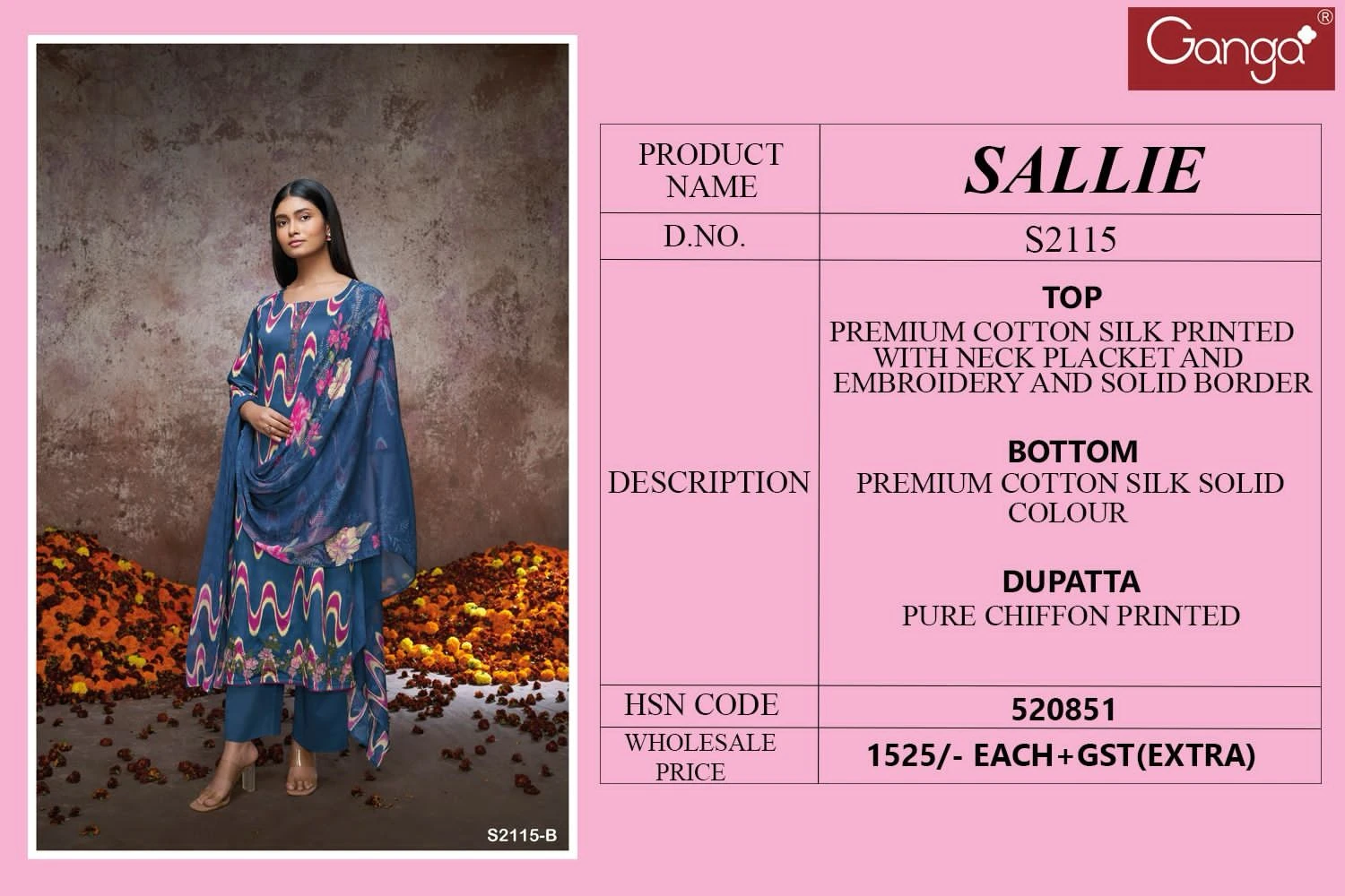 Ganga Sallie 2115 Premium Cotton Silk Printed Wholesale Fancy Salwar Suit Catalog — Wholesale Salwar Suits, Ganga wholesale from Surat - Gallery Image 5